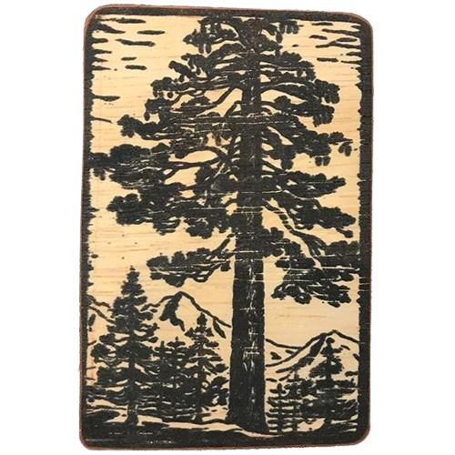 magnet - pine tree - bl/wh w/mountains - 6x9cm