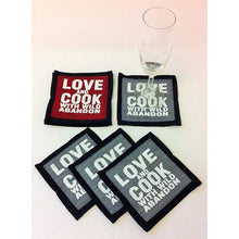 Load image into Gallery viewer, coaster - fabric - love/cook/wild abandon - grey -13cm- SINGLE
