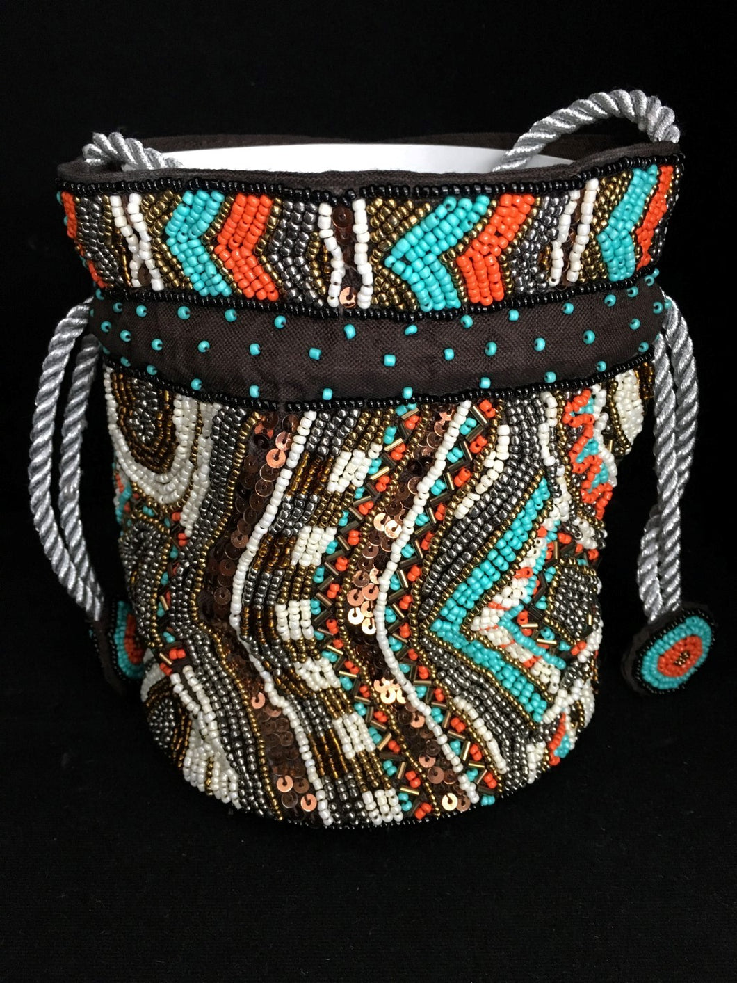 bag - cylinder - beaded - makeup/jewlery - turq/orange/brown/cream - navaho inspired