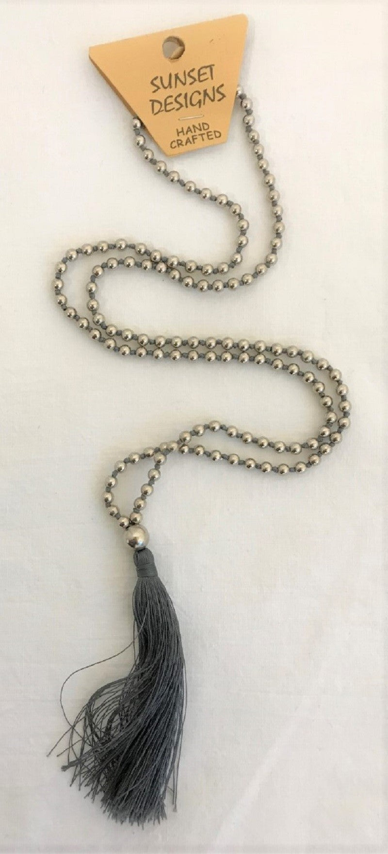 necklace - grey - silver ball bead w/ string tassle
