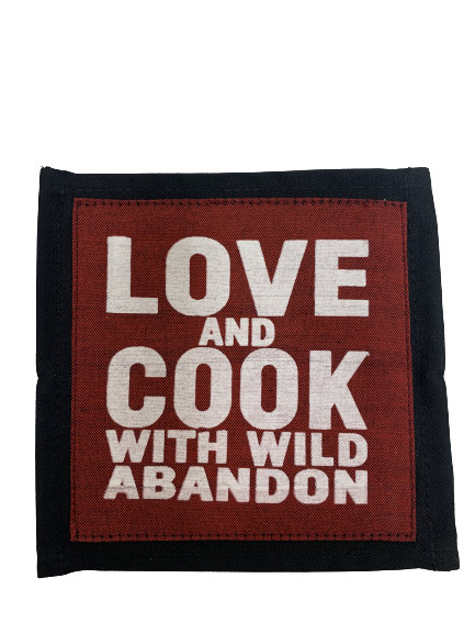 coaster - fabric - love/cook/wild abandon - burgundy -13cm- SINGLE