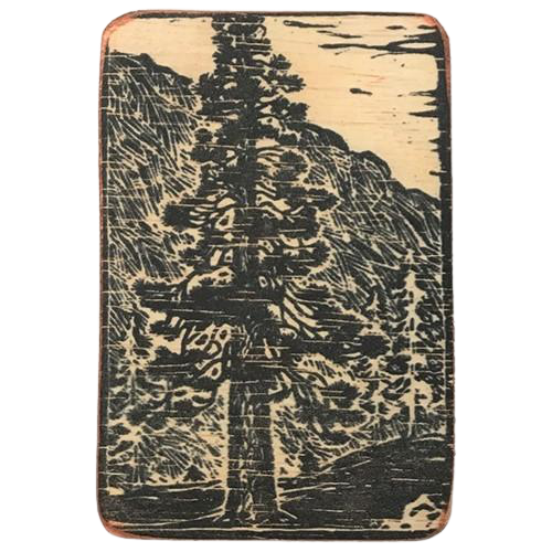 magnet - pine tree - bl/wh w/hillside - 6x9cm