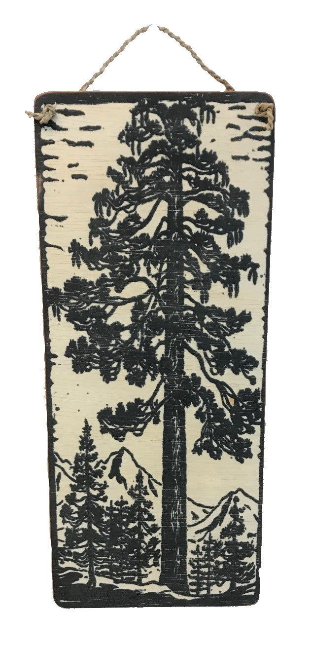 sign - pine tree - black & white - with Mtns - 35x15cm