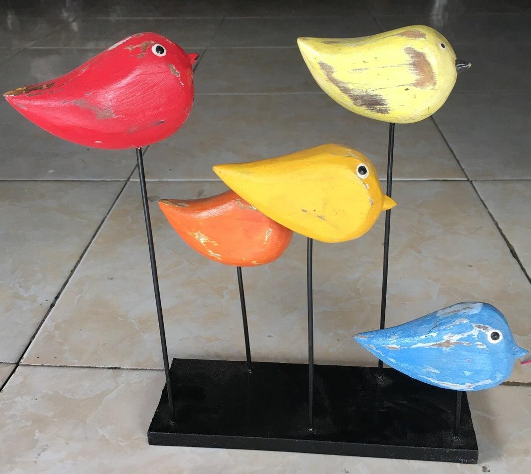 5 birds on a stand - colourful - red/orange/dark yellow/light yellow/blue