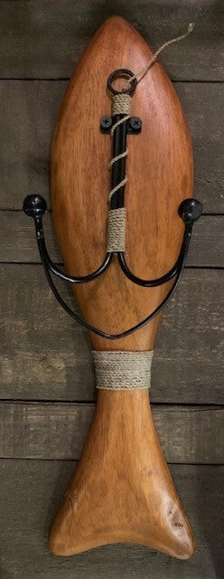 hanger - fish - natural - wood w/ double metal hook