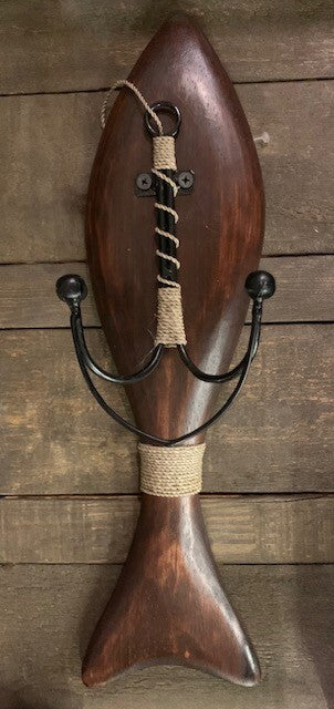 hanger - fish - dark brown - wood w/ double metal hook