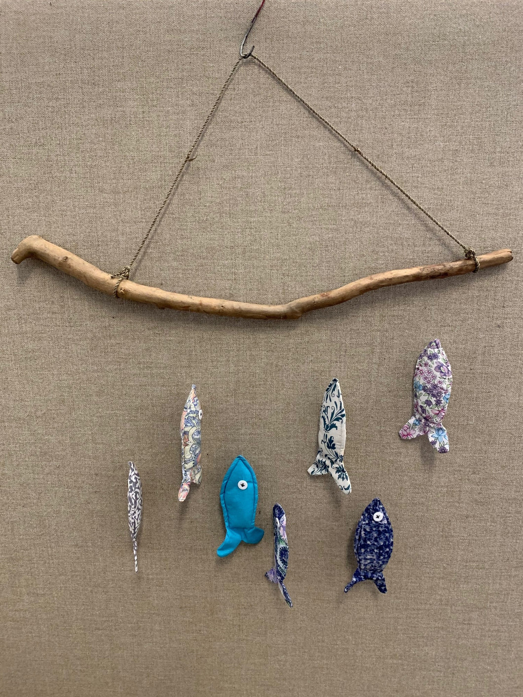 mobile - batik fabric fish - driftwood stick/braided rope - hand sewn / handmade - asst'd