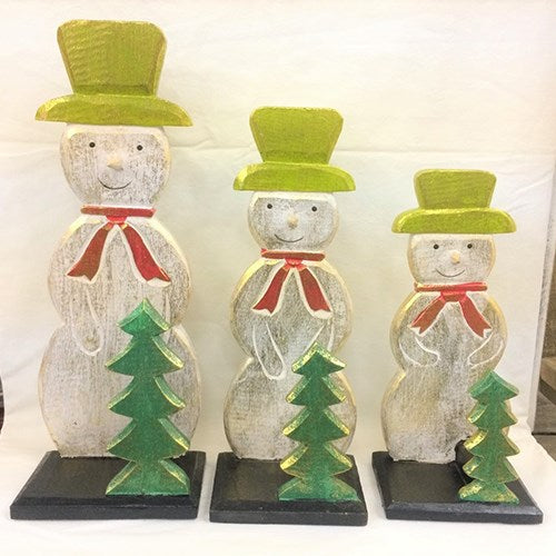 snowman with tree on stand - SET OF 3 - white gold w green hat (25/30/35cm)