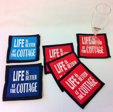 Load image into Gallery viewer, coaster - fabric - life is better - cottage - blue -13cm
