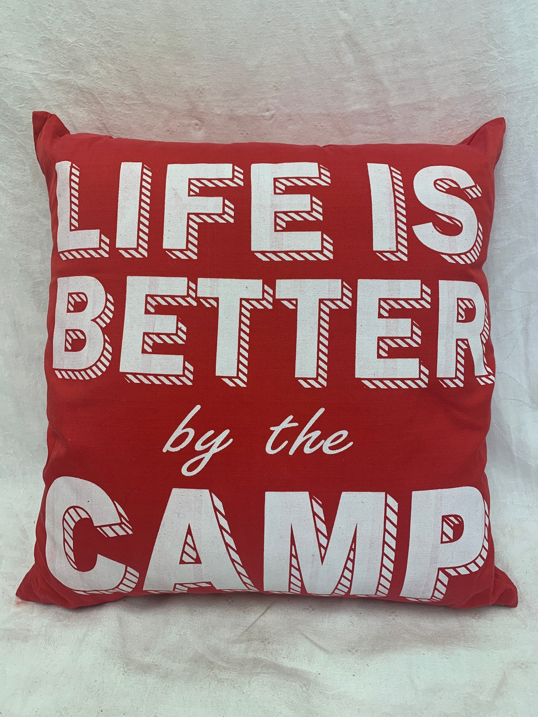 cushion - 'life is better at the camp' - red - 40cm - complete w/ cushion