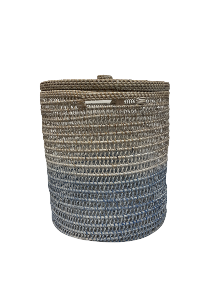 basket - blue/white WITH LID - x weave - 40x36 - rattan