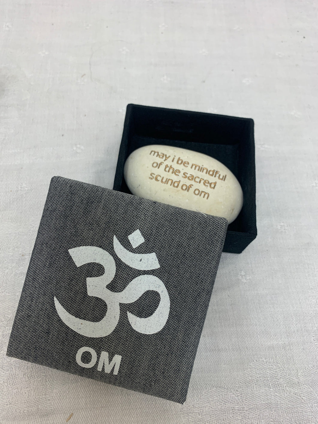 box - affirmation OM - grey - stone  'may I be mindful of the sacred sound of Om'