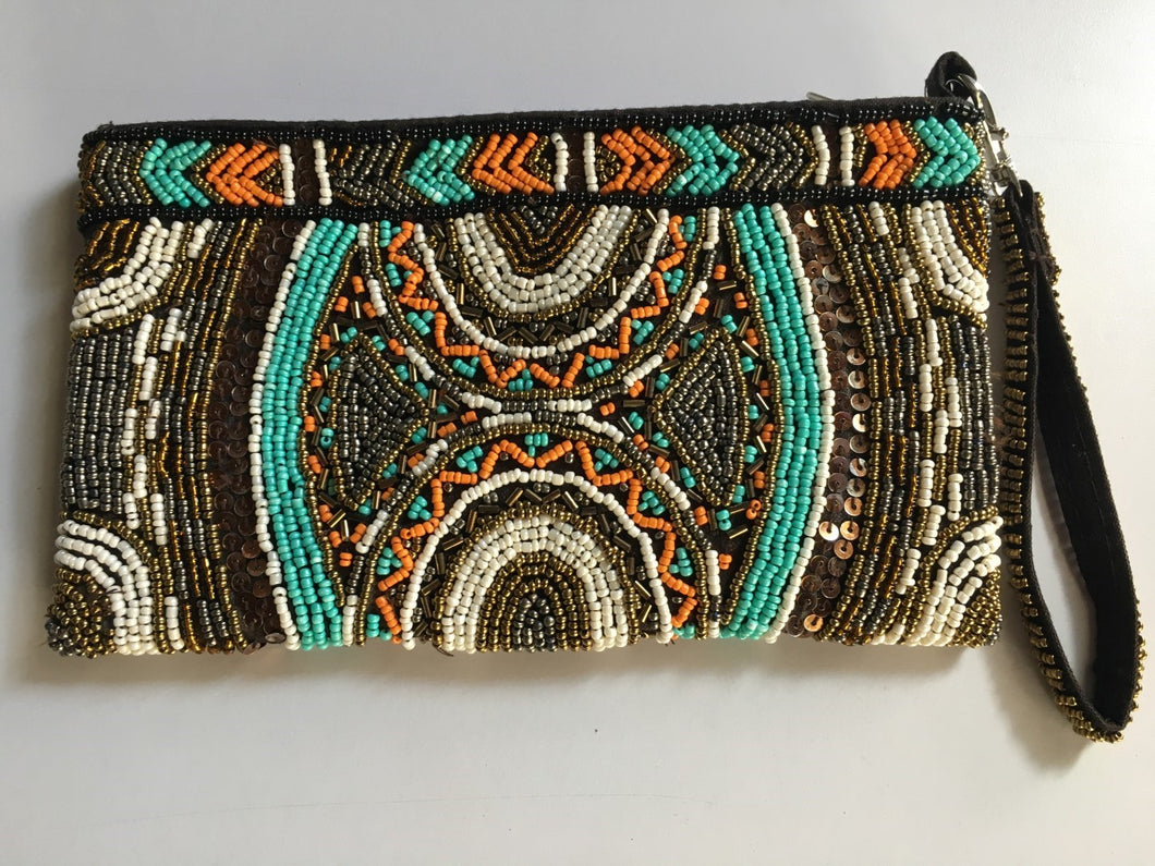 hand purse/wallet long - beaded - turq/orange/brown/cream