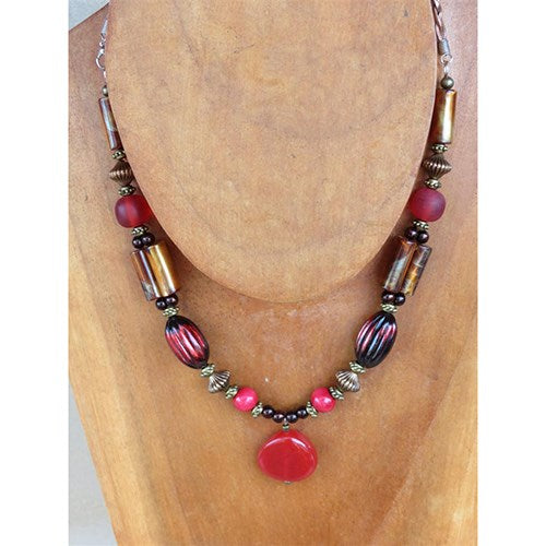 necklace - red bead w/ copper/amber