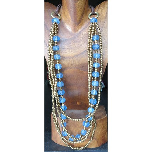 necklace - blue - gold bead small w/ glass bead