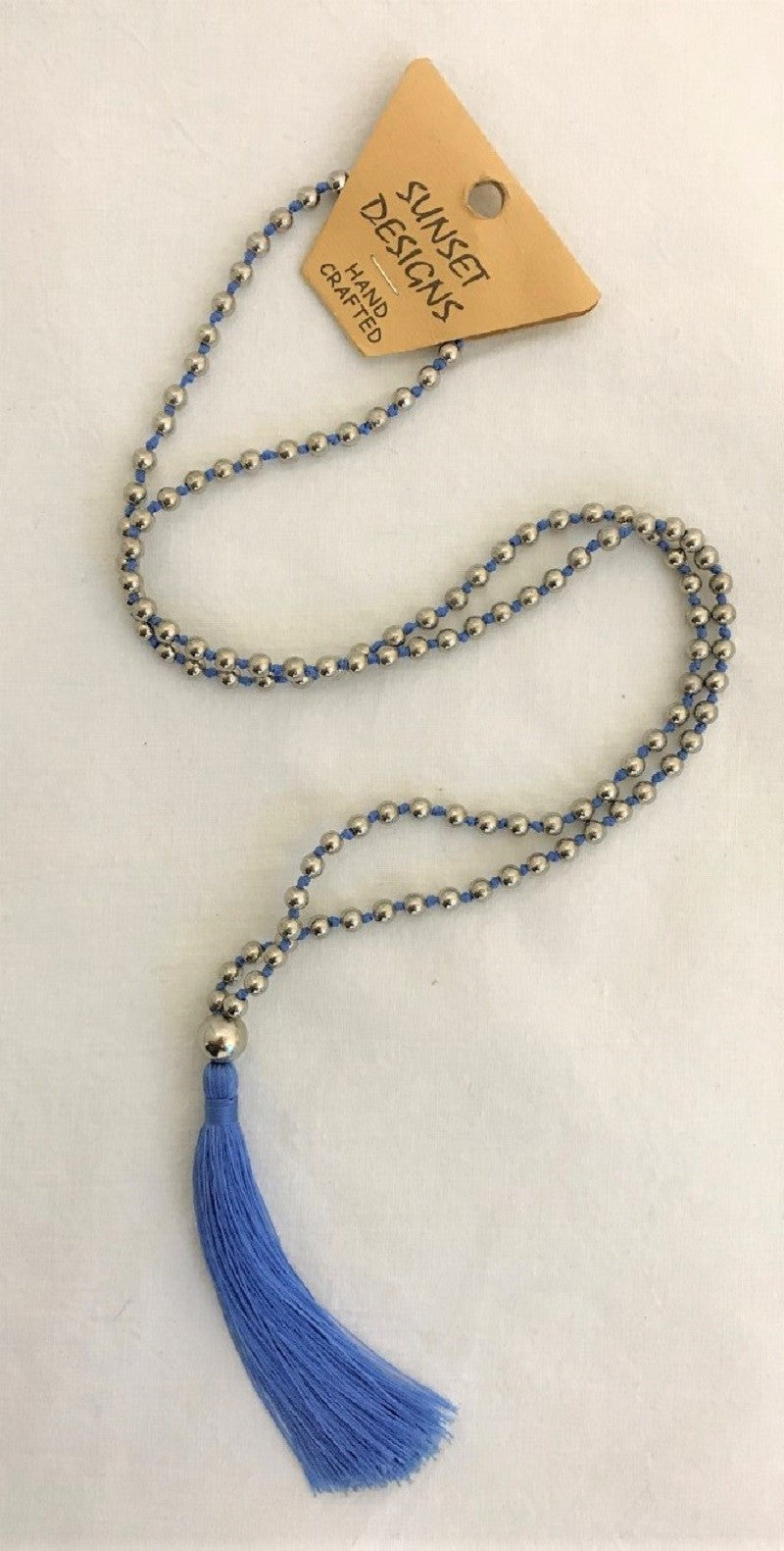 necklace - perwinkle blue - silver ball bead w/ string tassle