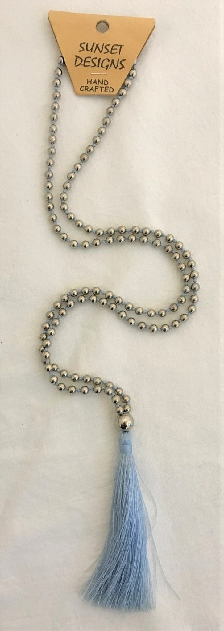 necklace - light blue - silver ball bead w/ string tassle