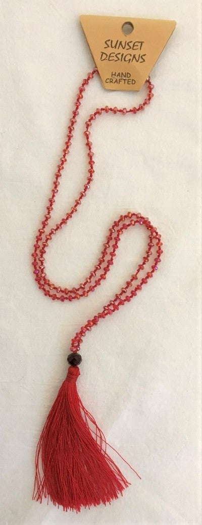 necklace - red - crystal bead small - w/ tassle