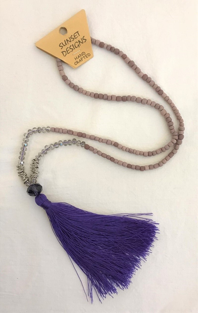 necklace - purple - crystal beads clear & metal ring beads - purple bead & tassle
