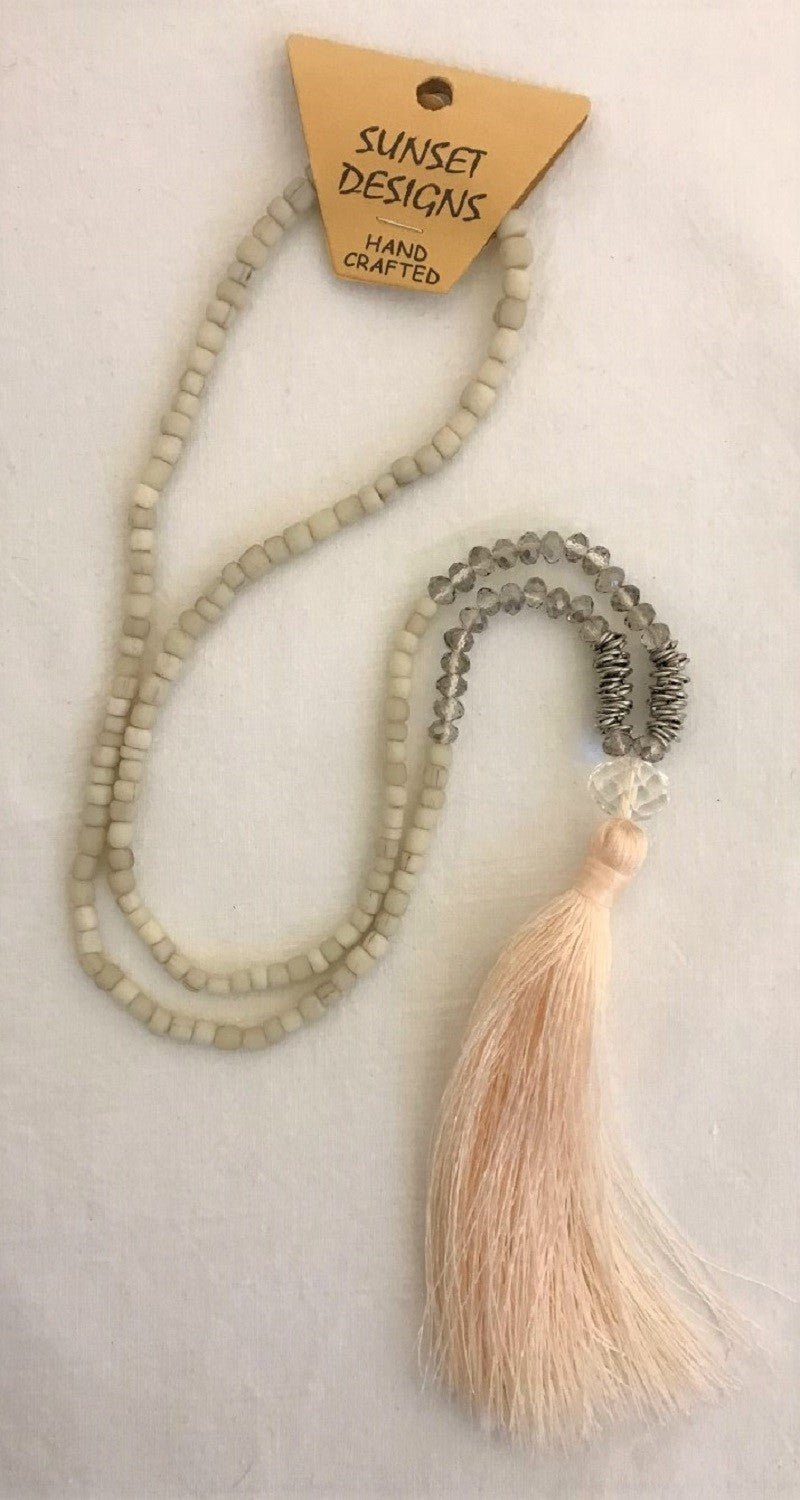 necklace - cream - crystal beads clear & metal ring beads - cream bead & tassle