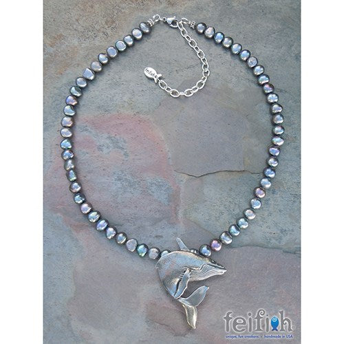 FF - curled up whale - grey pearl necklace