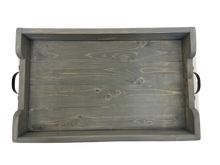 Load image into Gallery viewer, serving tray - pine - weathered grey/metal handles - 12&quot;x3&quot;x18&quot; - non slip grip bottom
