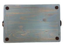 Load image into Gallery viewer, serving tray - pine - aqua/metal handles - 12&quot;x3&quot;x18&quot; - non slip grip bottom
