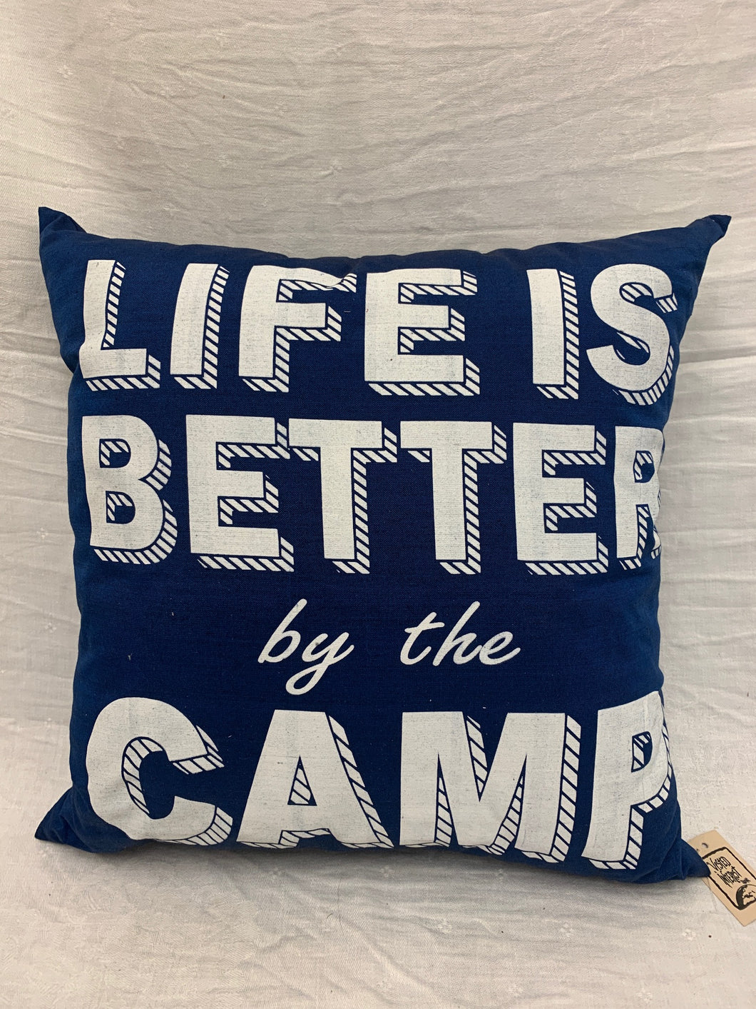 cushion - 'life is better at the camp' - royal blue - 40cm - complete w/ cushion